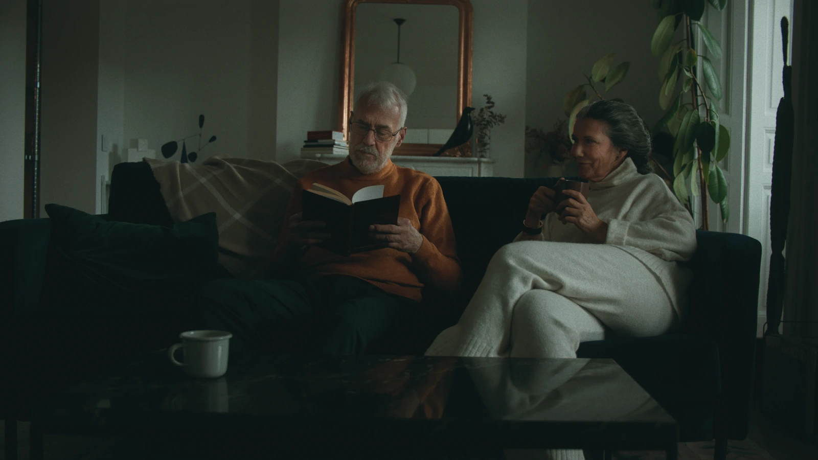 Older couple seated together on a sofa